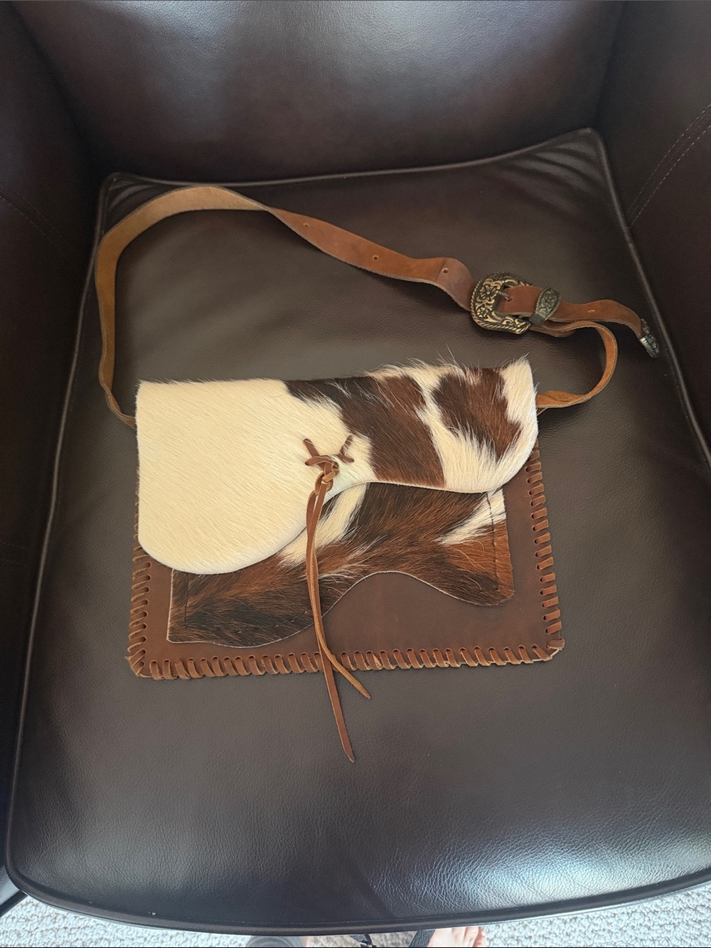 Cowhide Leather Crossbody Bag in Brown & White